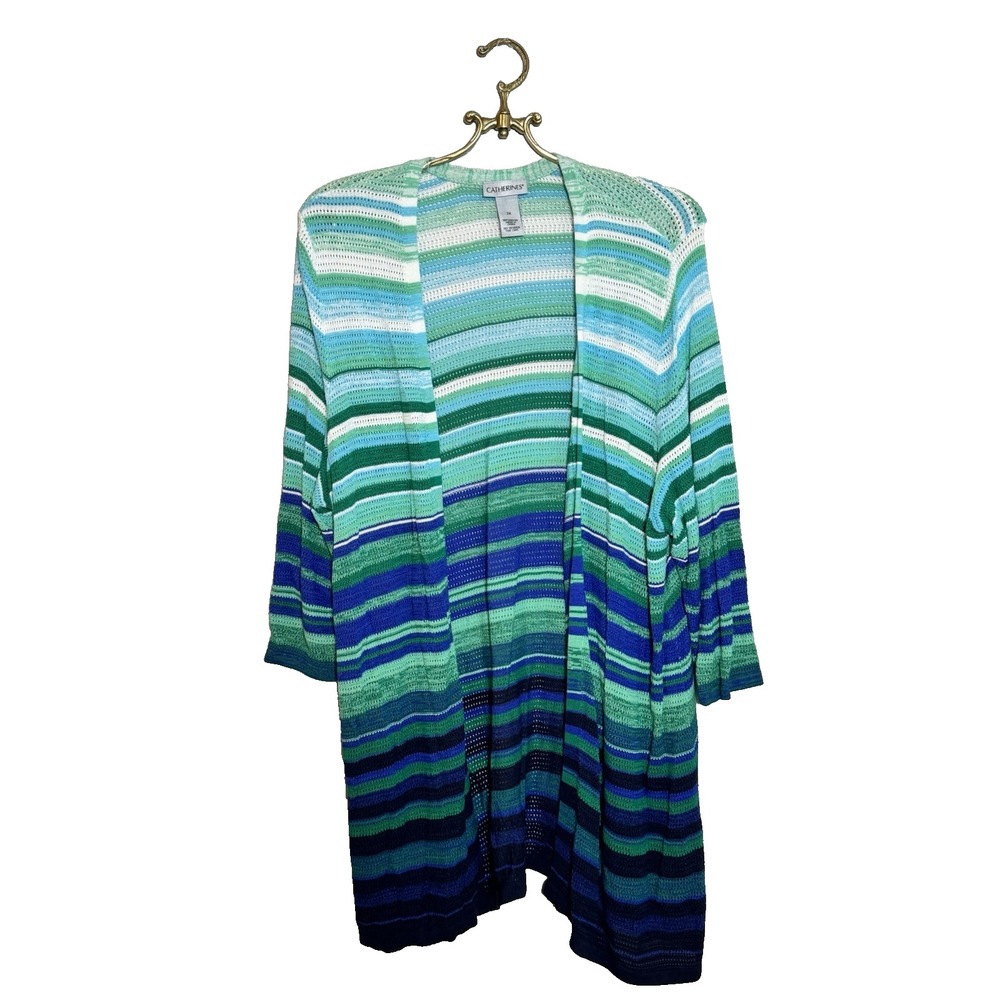 Catherines Cardigan 2X Aqua Blue Green Striped Open Front Flowy‎ Coverup